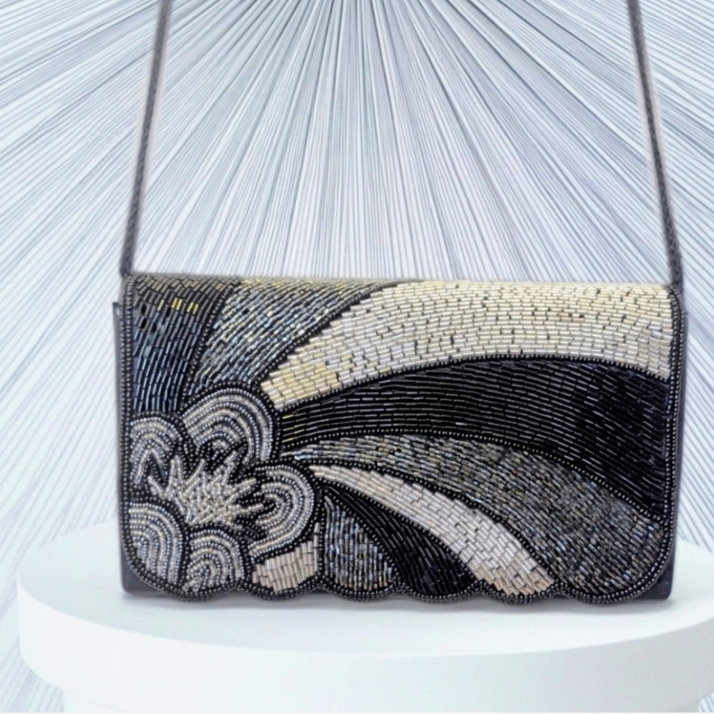 70s-80s Elegant Black and Silver Beaded Evening Bag/Clutch